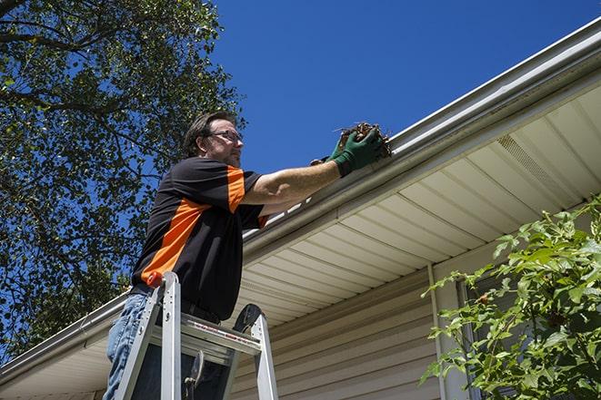 gutter repair specialist using ladder to access rooftop in Beaumont